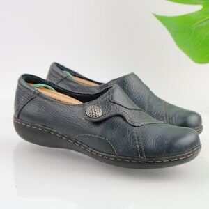 Clarks Womens Loafer Size 7 Navy Blue Leather Monk Strap Flat Slip On Shoe Comfy